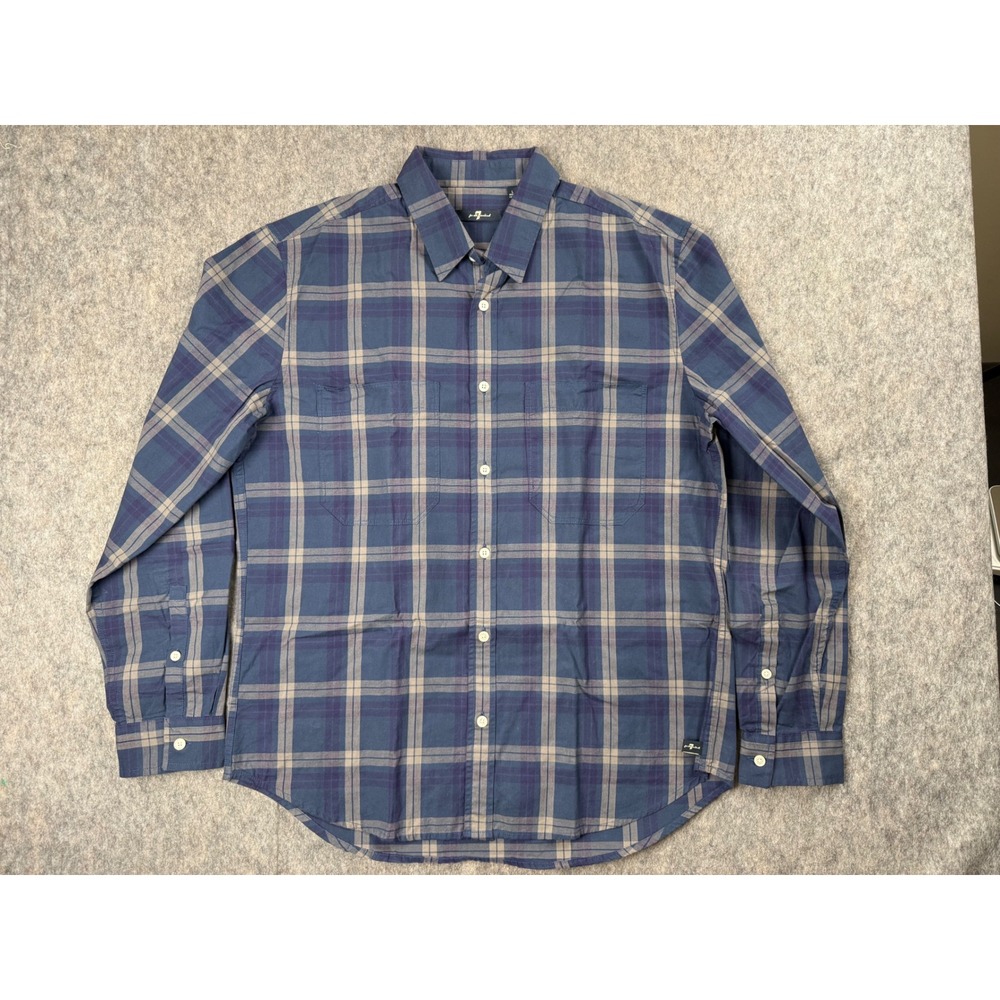 7 For All Mankind Mens Large Blue Grey Plaid Long Sleeve Button‎ Down Shirt L